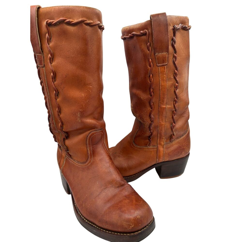 VTG CAMPUS BOOT Braided  Square Toe Western Camel Brown Leather Men's Size 9.5